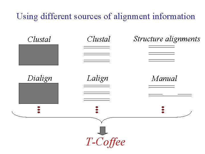 Using different sources of alignment information Clustal Structure alignments Dialign Lalign Manual T-Coffee 