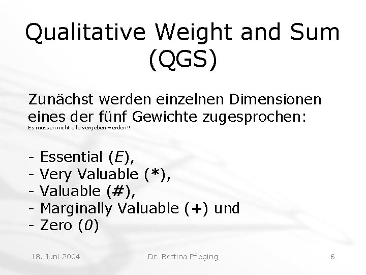 Qualitative Weight and Sum (QGS) Zunächst werden einzelnen Dimensionen eines der fünf Gewichte zugesprochen: