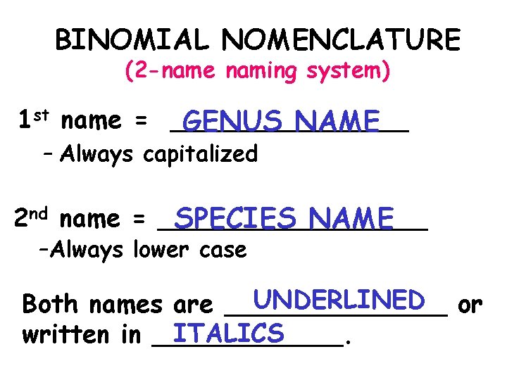BINOMIAL NOMENCLATURE (2 -name naming system) 1 st name = ________ GENUS NAME –