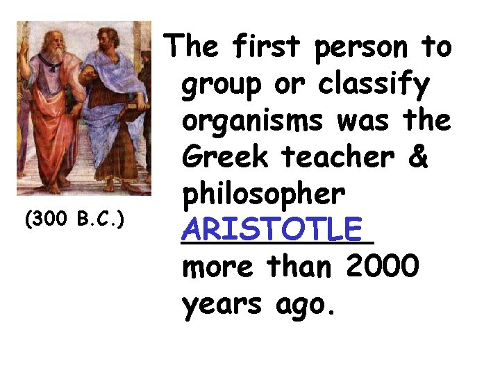 (300 B. C. ) The first person to group or classify organisms was the