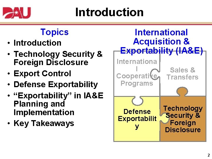 Introduction Topics • Introduction • Technology Security & Foreign Disclosure • Export Control •