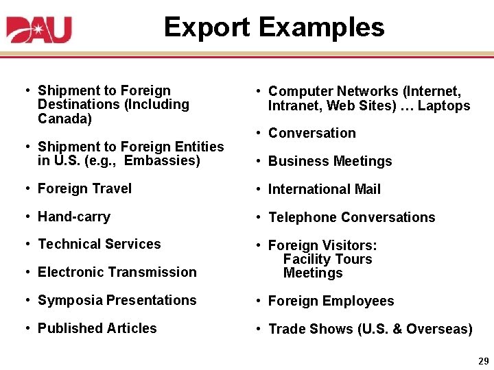 Export Examples • Shipment to Foreign Destinations (Including Canada) • Shipment to Foreign Entities