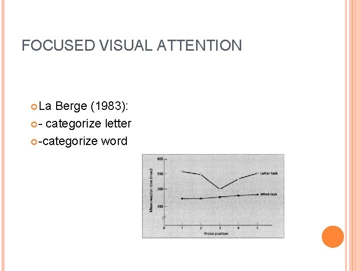 FOCUSED VISUAL ATTENTION La Berge (1983): - categorize letter -categorize word 