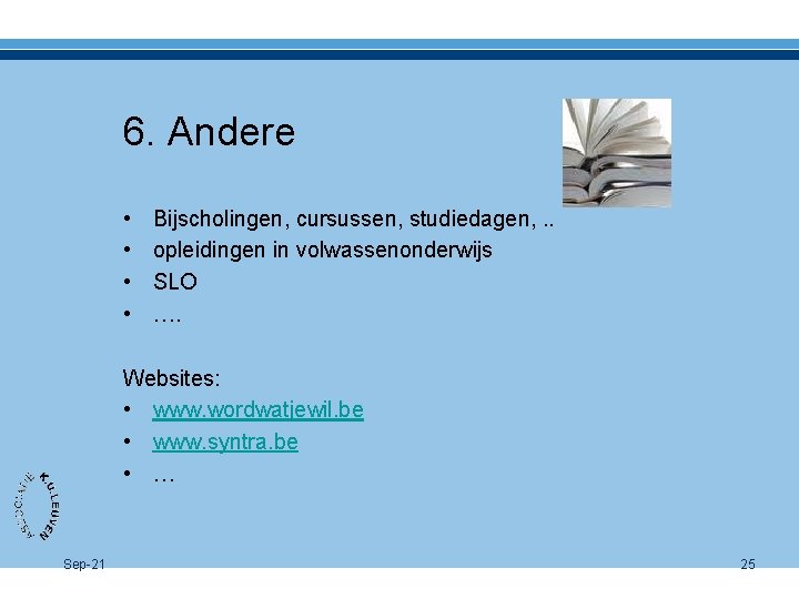 6. Andere • • Bijscholingen, cursussen, studiedagen, . . opleidingen in volwassenonderwijs SLO ….