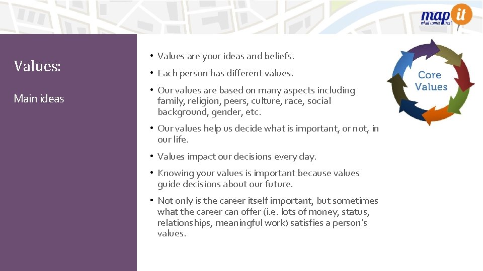 Values: Main ideas • Values are your ideas and beliefs. • Each person has