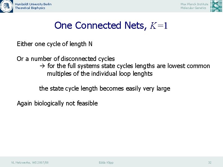 Humboldt University Berlin Theoretical Biophysics Max Planck Institute Molecular Genetics One Connected Nets, K=1