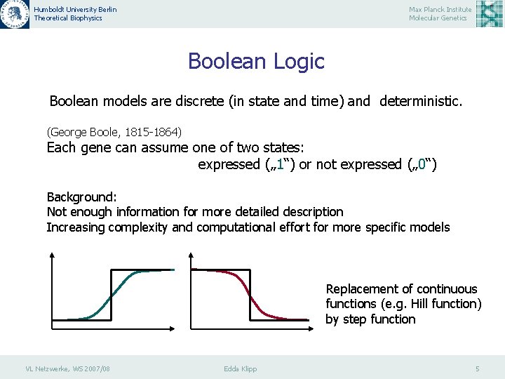 Humboldt University Berlin Theoretical Biophysics Max Planck Institute Molecular Genetics Boolean Logic Boolean models