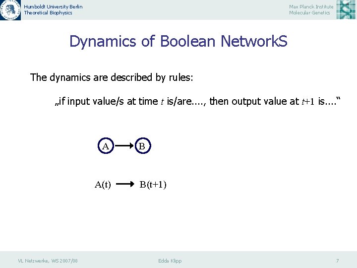 Humboldt University Berlin Theoretical Biophysics Max Planck Institute Molecular Genetics Dynamics of Boolean Network.