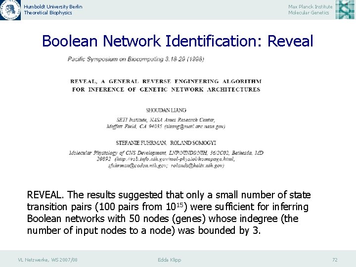 Humboldt University Berlin Theoretical Biophysics Max Planck Institute Molecular Genetics Boolean Network Identification: Reveal