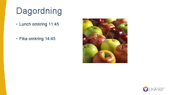 Dagordning • Lunch omkring 11: 45 • Fika omkring 14: 45 