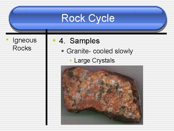 Rock Cycle • Igneous Rocks • 4. Samples § Granite- cooled slowly • Large