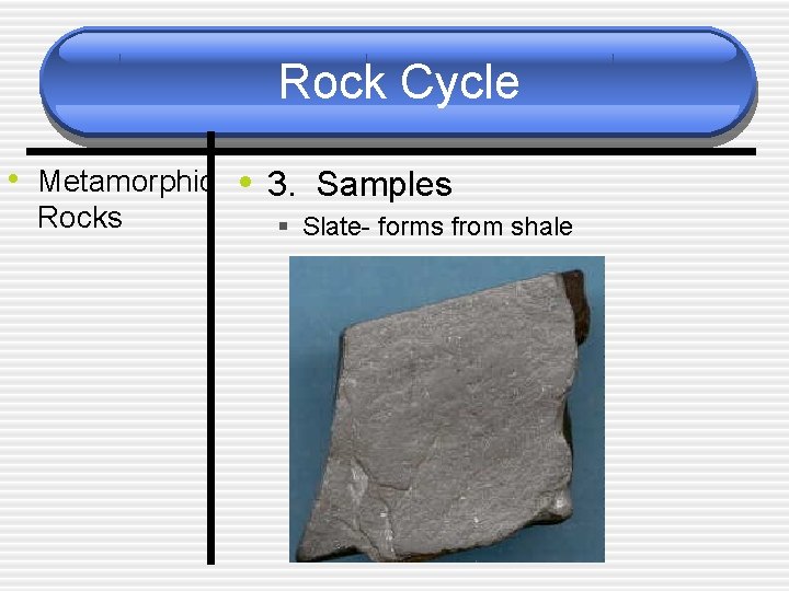 Rock Cycle • Metamorphic • 3. Samples Rocks § Slate- forms from shale 