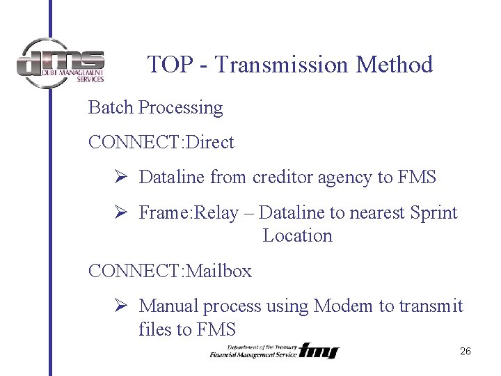 TOP - Transmission Method Batch Processing CONNECT: Direct Ø Dataline from creditor agency to