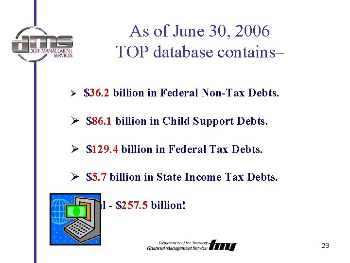 As of June 30, 2006 TOP database contains– Ø $36. 2 billion in Federal