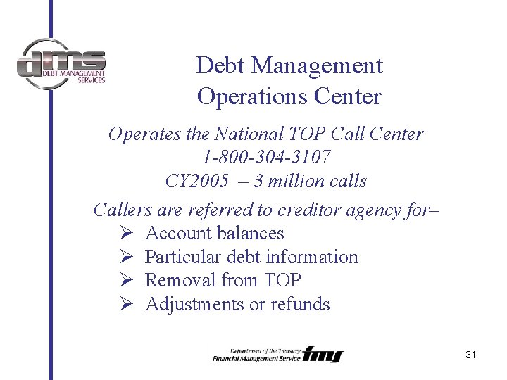 Debt Management Operations Center Operates the National TOP Call Center 1 -800 -304 -3107