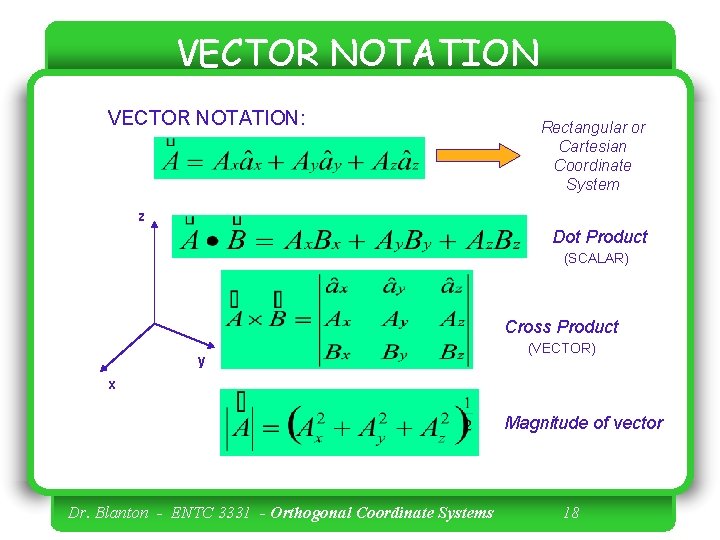 VECTOR NOTATION: Rectangular or Cartesian Coordinate System z Dot Product (SCALAR) Cross Product y