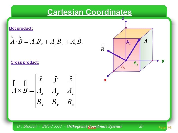 Cartesian Coordinates z Dot product: Az Cross product: Ax y Ay x Dr. Blanton