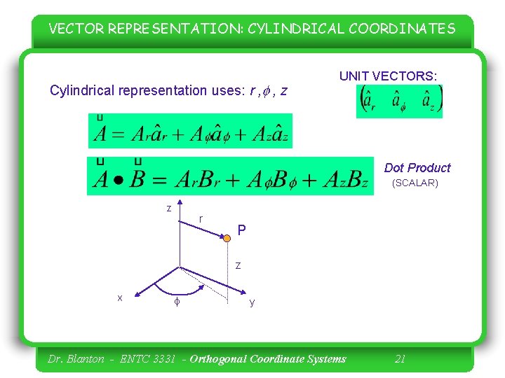 VECTOR REPRESENTATION: CYLINDRICAL COORDINATES Cylindrical representation uses: r , f , z UNIT VECTORS: