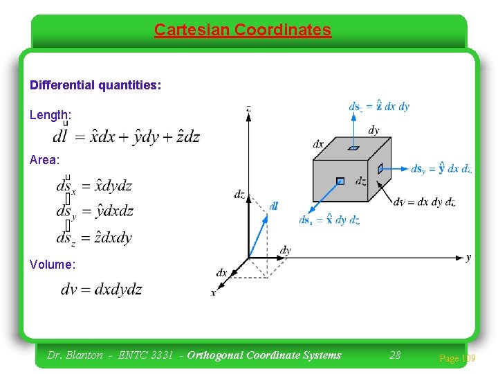 Cartesian Coordinates Differential quantities: Length: Area: Volume: Dr. Blanton - ENTC 3331 - Orthogonal