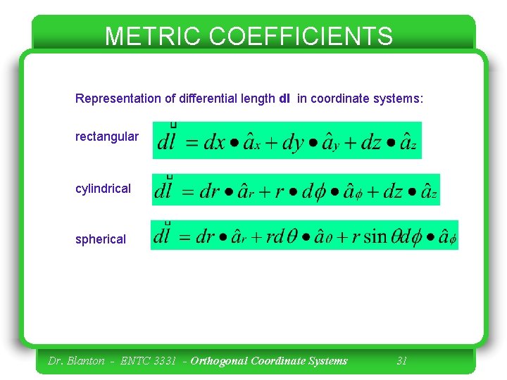 METRIC COEFFICIENTS Representation of differential length dl in coordinate systems: rectangular cylindrical spherical Dr.