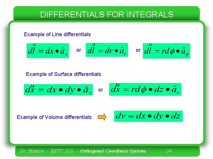 DIFFERENTIALS FOR INTEGRALS Example of Line differentials or or Example of Surface differentials or