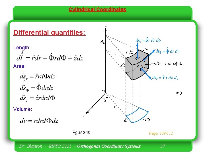 Cylindrical Coordinates Differential quantities: Length: Area: Volume: Pages 109 -112 Dr. Blanton - ENTC