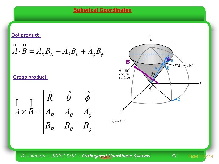 Spherical Coordinates Dot product: B A Cross product: Dr. Blanton - ENTC 3331 -