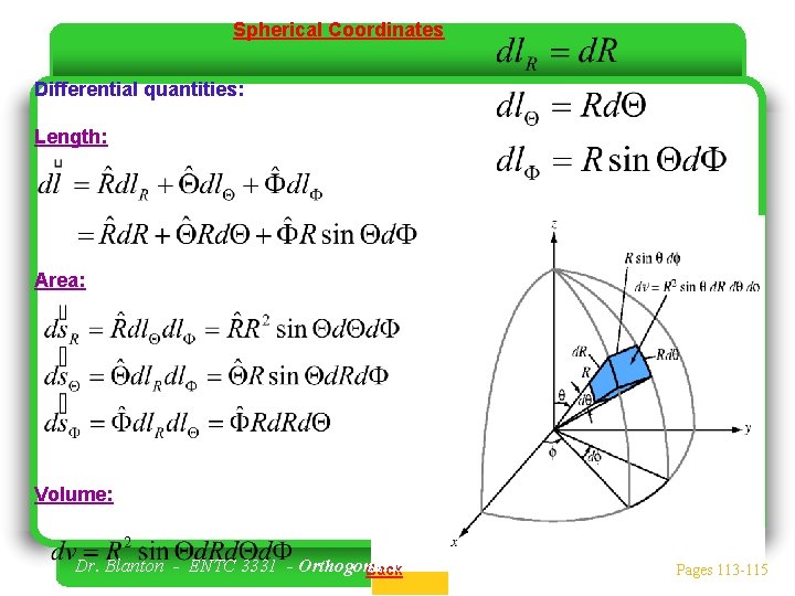 Spherical Coordinates Differential quantities: Length: Area: Volume: Dr. Blanton - ENTC 3331 - Orthogonal