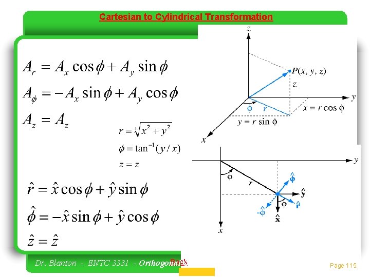 Cartesian to Cylindrical Transformation Back Dr. Blanton - ENTC 3331 - Orthogonal Coordinate Systems