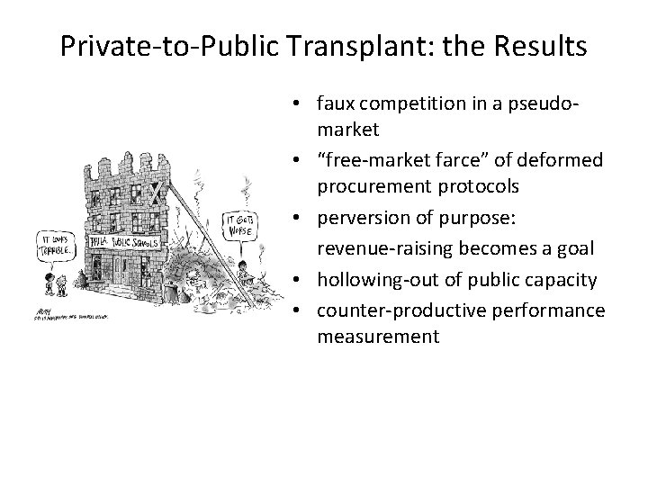 Private-to-Public Transplant: the Results • faux competition in a pseudomarket • “free-market farce” of