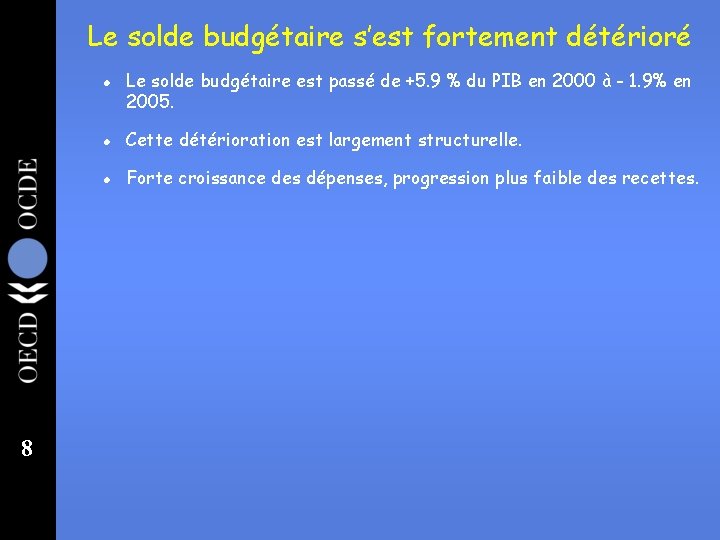 Le solde budgétaire s’est fortement détérioré l 8 Le solde budgétaire est passé de