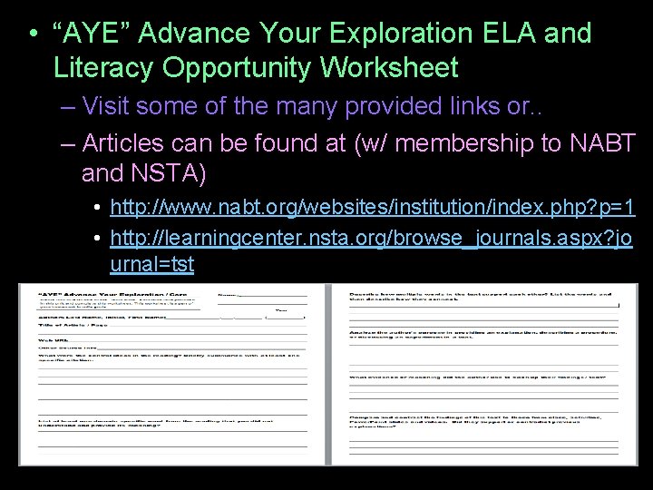  • “AYE” Advance Your Exploration ELA and Literacy Opportunity Worksheet – Visit some