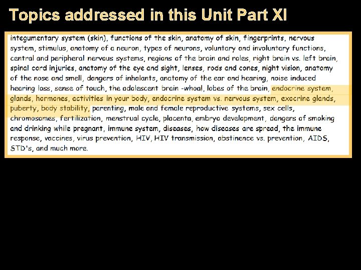 Topics addressed in this Unit Part XI 