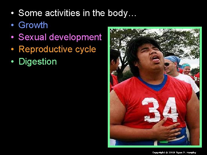  • • • Some activities in the body… Growth Sexual development Reproductive cycle