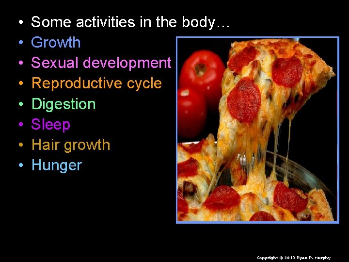  • • • Some activities in the body… Growth Sexual development Reproductive cycle