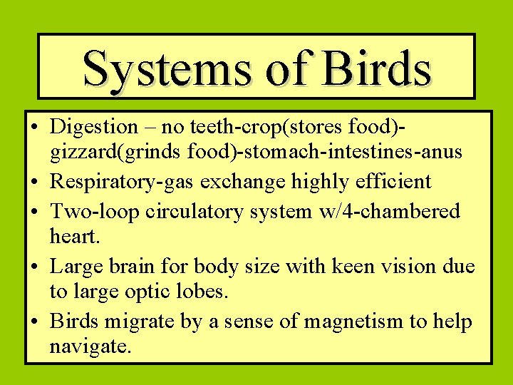 Systems of Birds • Digestion – no teeth-crop(stores food)gizzard(grinds food)-stomach-intestines-anus • Respiratory-gas exchange highly