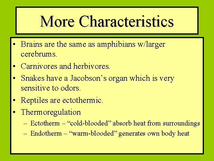 More Characteristics • Brains are the same as amphibians w/larger cerebrums. • Carnivores and