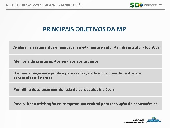 MINISTÉRIO DO PLANEJAMENTO, DESENVOLVIMENTO E GESTÃO PRINCIPAIS OBJETIVOS DA MP Acelerar investimentos e reaquecer