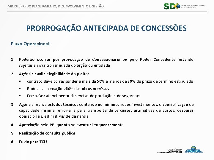 MINISTÉRIO DO PLANEJAMENTO, DESENVOLVIMENTO E GESTÃO PRORROGAÇÃO ANTECIPADA DE CONCESSÕES Fluxo Operacional: 1. Poderão