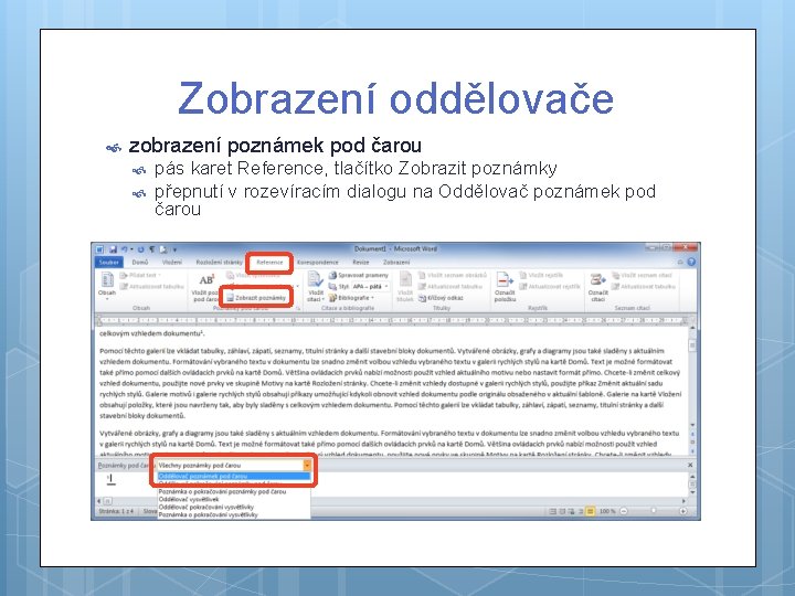 Zobrazení oddělovače zobrazení poznámek pod čarou pás karet Reference, tlačítko Zobrazit poznámky přepnutí v