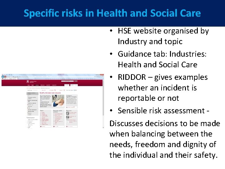 Specific risks in Health and Social Care 5 year plan • HSE website organised