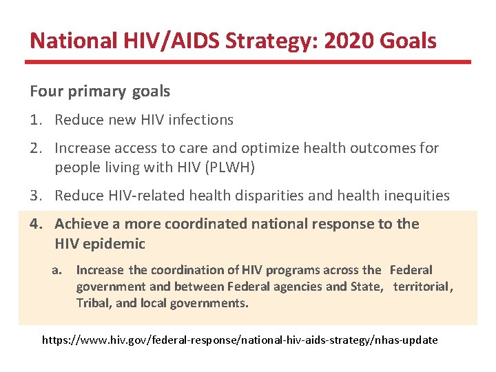 National HIV/AIDS Strategy: 2020 Goals Four primary goals 1. Reduce new HIV infections 2.