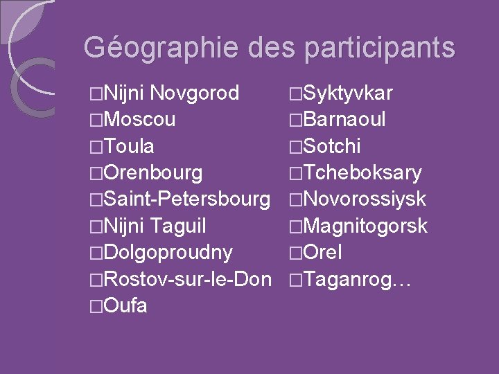 Géographie des participants �Nijni Novgorod �Moscou �Toula �Orenbourg �Saint-Petersbourg �Nijni Taguil �Dolgoproudny �Rostov-sur-le-Don �Oufa