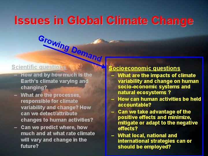 Issues in Global Climate Change Gro win g. D ema nd Scientific questions Socioeconomic