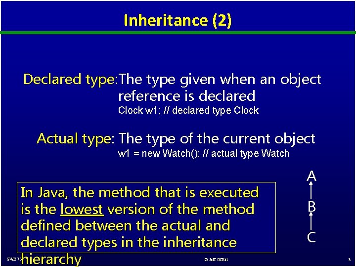 Inheritance (2) Declared type: The type given when an object reference is declared Clock