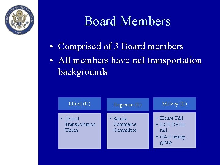 Board Members • Comprised of 3 Board members • All members have rail transportation