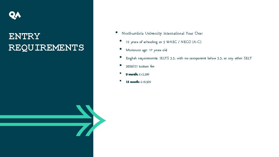 ENTRY REQUIREMENTS • Northumbria University International Year One: • 12 years of schooling or