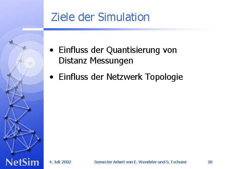 Ziele der Simulation • Einfluss der Quantisierung von Distanz Messungen • Einfluss der Netzwerk