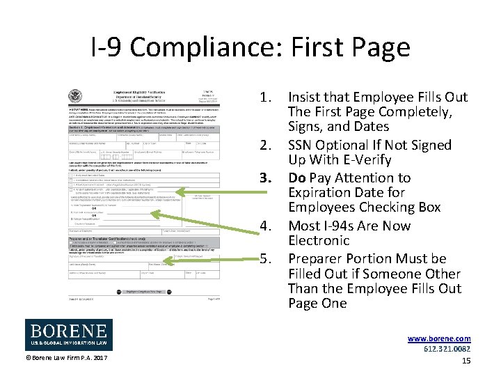 I-9 Compliance: First Page 1. 2. 3. 4. 5. ©Borene Law Firm P. A.