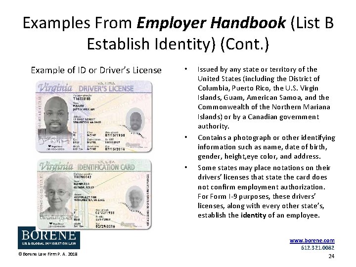 Examples From Employer Handbook (List B Establish Identity) (Cont. ) Example of ID or